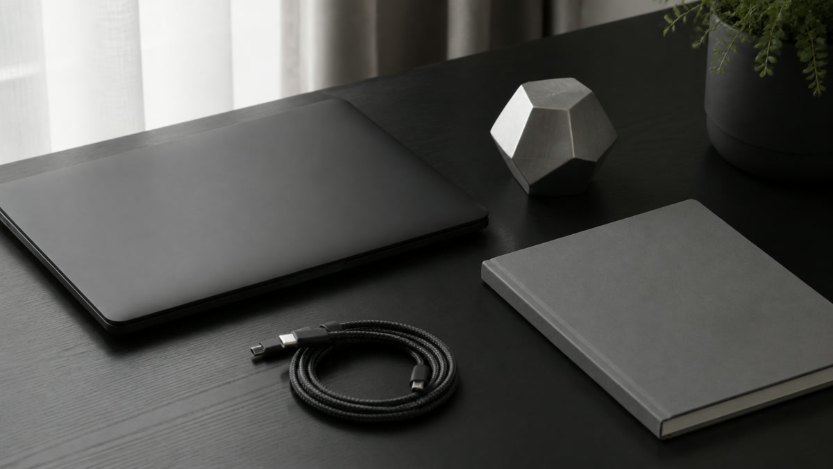 Minimalist workspace with a closed black laptop, coiled data cable, blank notebook, and aluminum paperweight