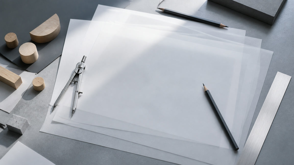 Drafting table with translucent paper, silver compass, unbranded graphite pencils, and metallic ruler